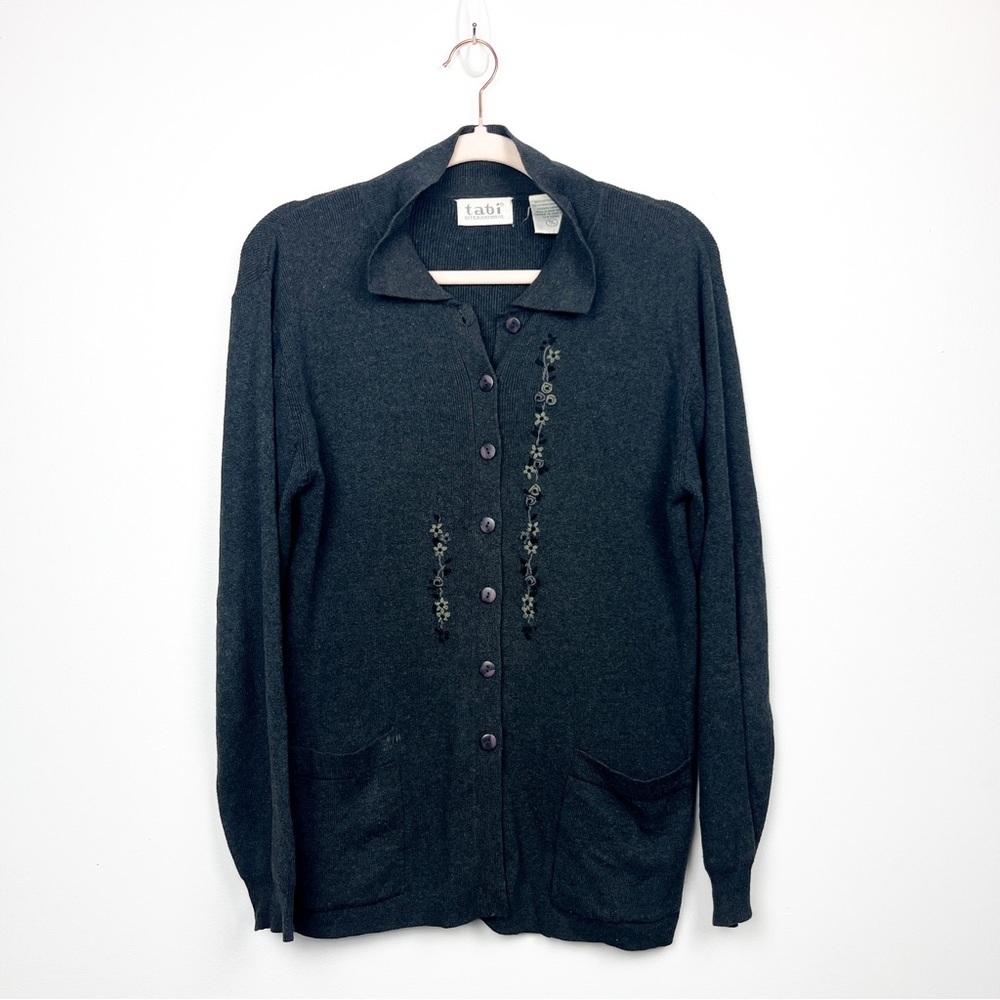 Tabi International Gray Vintage Button Down Cardigan with Embroidered Flowers